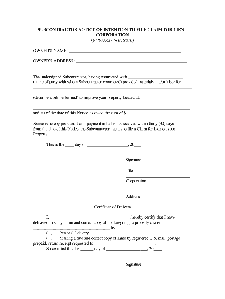 Letter of Intent to Lien Texas  Form